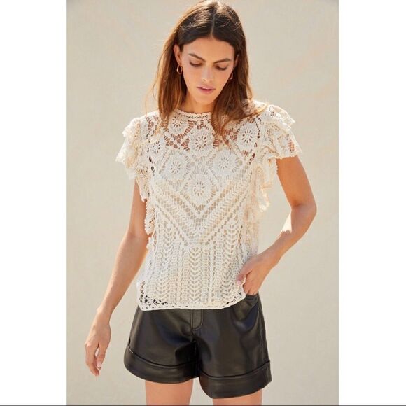 NEW Anthropologie Blue Tassel Cream Sheer Ruffled Crochet Lace Blouse Top Small - Picture 1 of 6